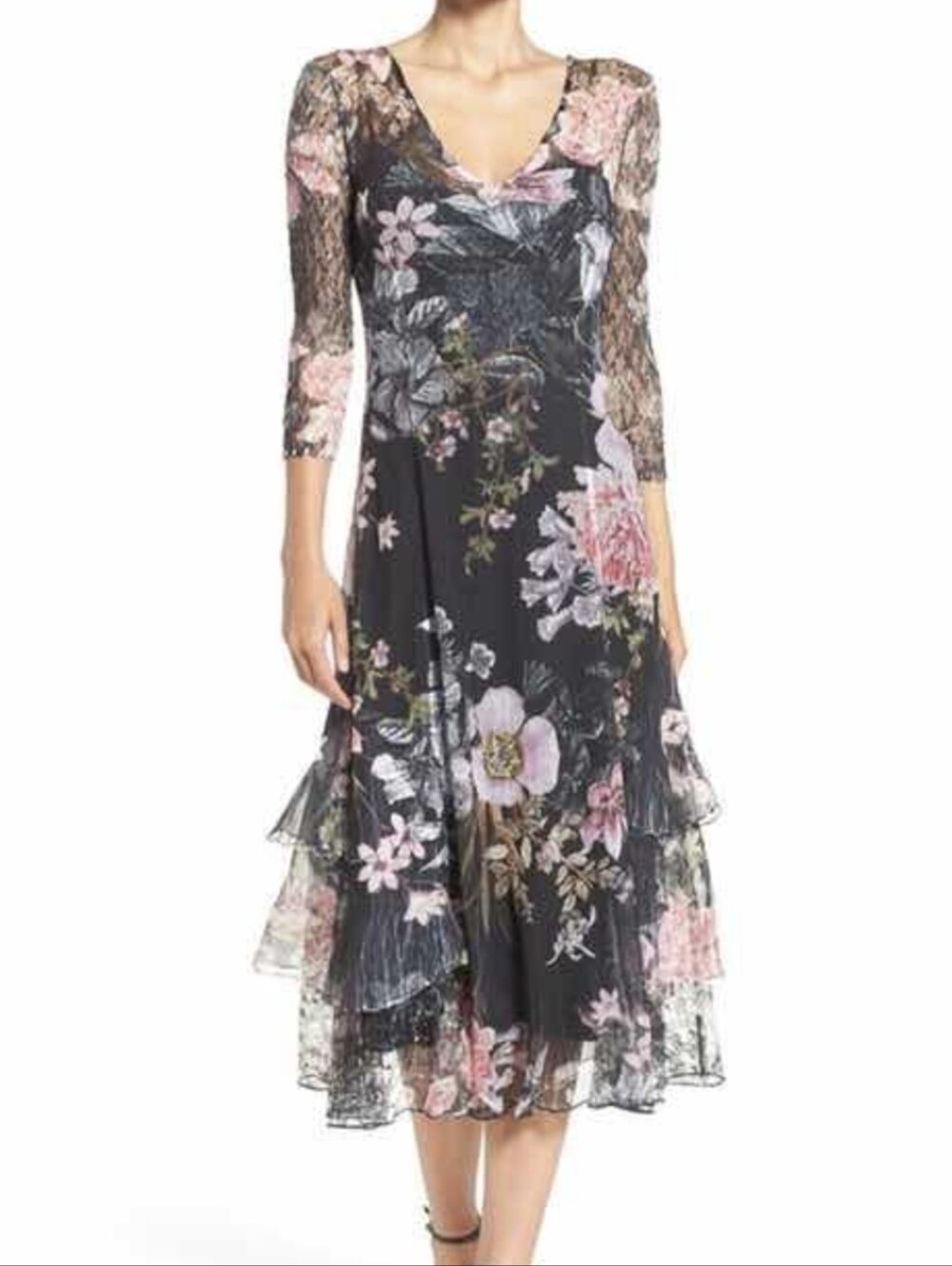 Komarov Floral Print Charmeuse & Lace Cocktail Dress w/ Plisse Slip - Size M